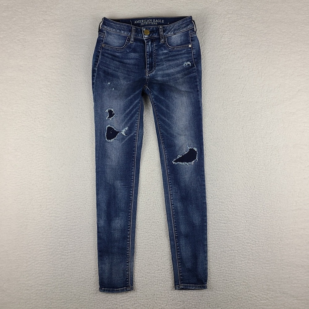 American Eagle Jeans Womens 4 Blue Hi Rise Jegging Super Stretch Distress